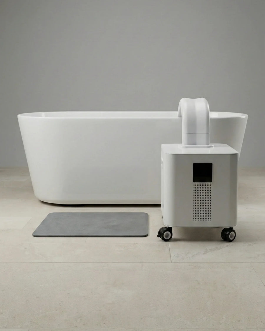 HomePlunge Bella chiller beside a bathtub