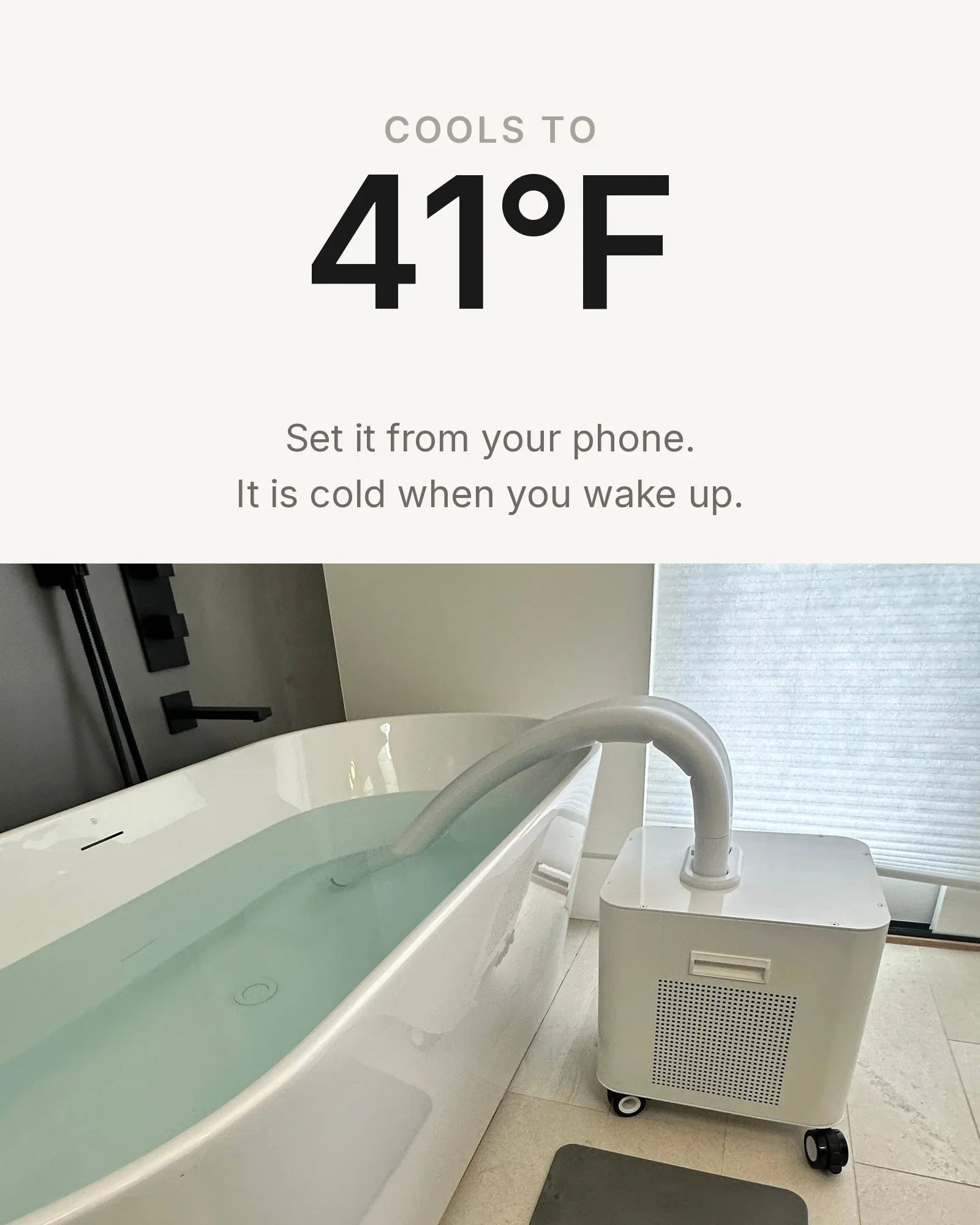 HomePlunge Bella cools a filled bathtub to 41 degrees Fahrenheit